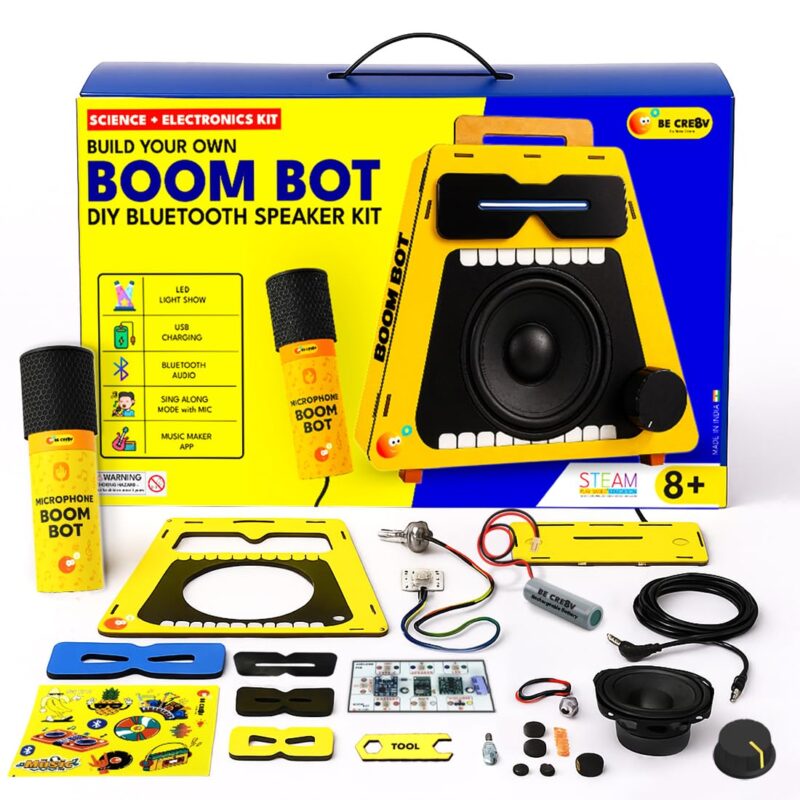 Be Cre8v Boom Bot DIY Bluetooth Speaker Kit with Microphone, LED Light Show, STEAM Learning Toy for Kids
